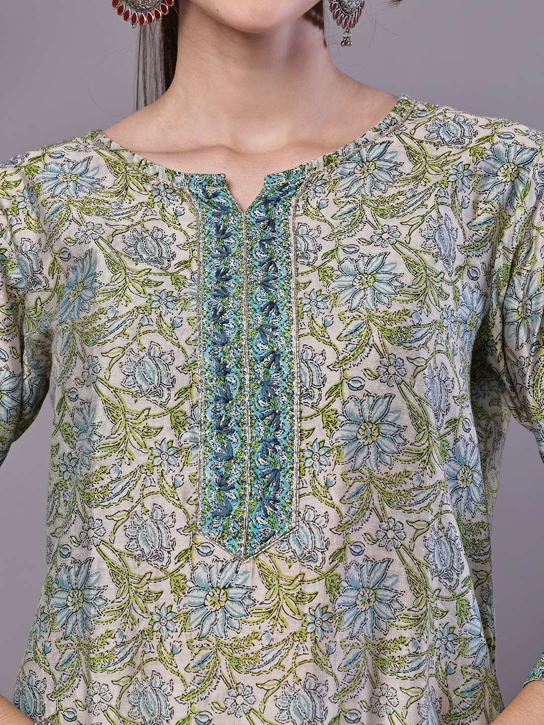 Women's Green & Blue Floral Chanderi Printed Kurta Set with Dupatta Suit Sets - Image 5